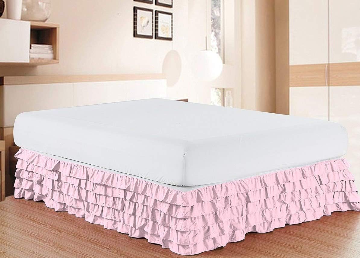 Bed Skirt - 100% Pure Cotton 800 Thread Count Multi-Ruffle Bed Skirt - Luxury Multi Ruffle Bed Skirt Elastic Dust Ruffles with Wrap Around, Easy Fit with 21" Drop, Queen Size, Pink Solid