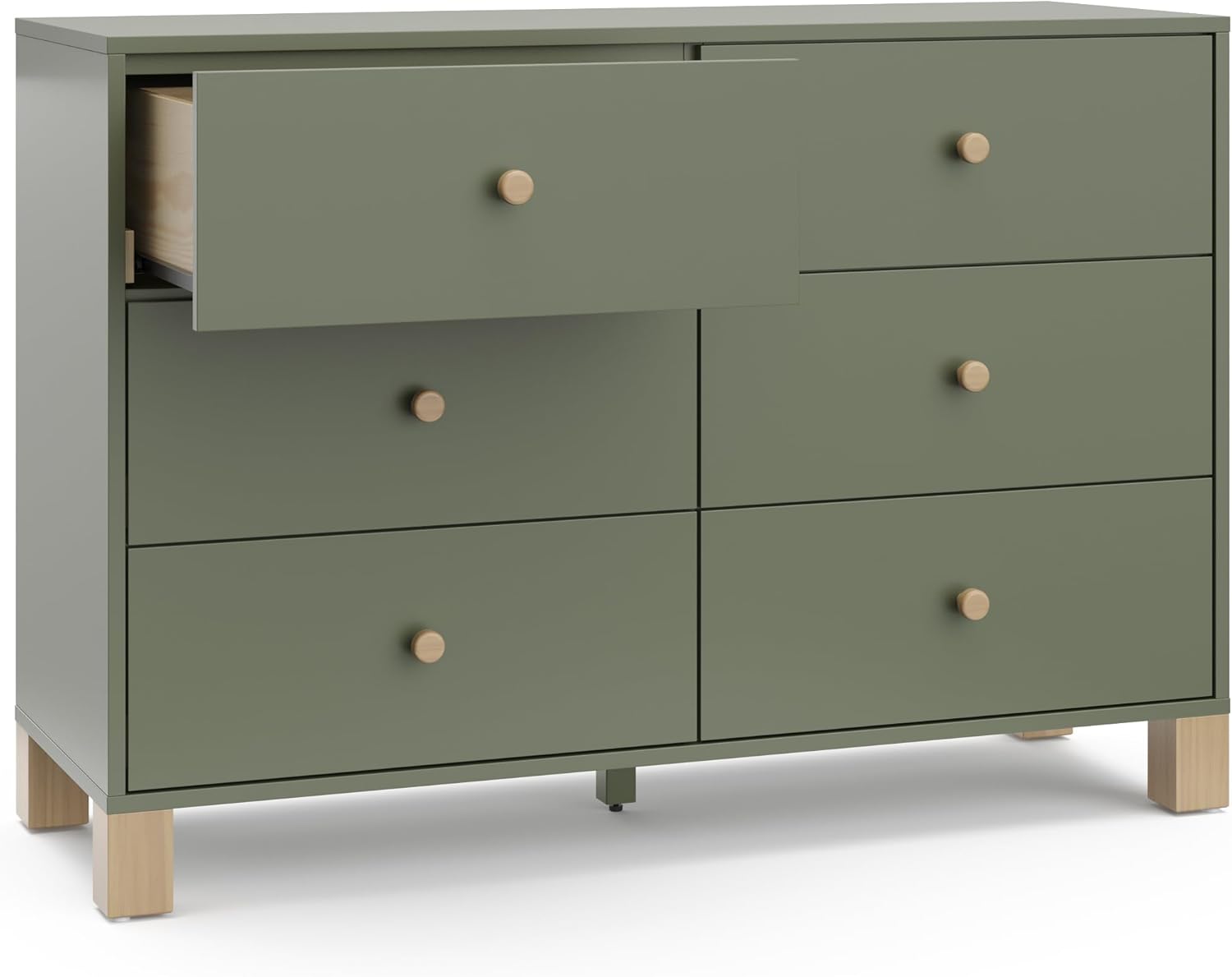 Storkcraft California 6-Drawer Double Dresser, Olive with Driftwood | GREENGUARD Gold Certified, Wood Dresser, Spacious Storage Organizer for Kids Bedroom, Safety Interlocking Drawer System