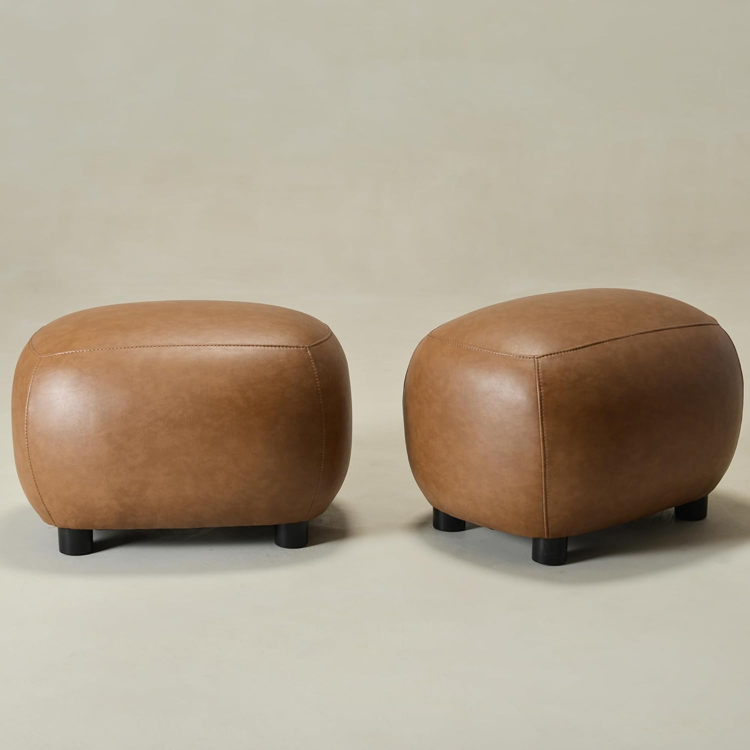 KINWELL 23" Wide Faux Leather Upholstered Ottoman Set of 2, Mid-Century Modern Living Room Footrest with Soft Padded Seat, Footstool for Bedroom, Entryway or Living Room, Camel