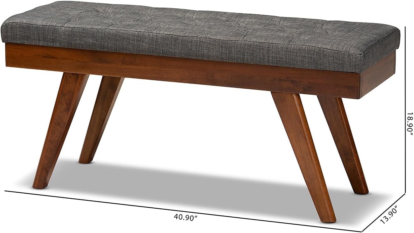 Baxton Studio Alona Mid-Century Modern Medium Grey Fabric Upholstered Wood Dining Bench