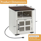Barnyatoh Farmhouse Nightstand with Charging Station, Rustic End Table with Tempered Glass Barn Door, Wood Sofa Side Bedside Table with Open Storage Shelf for Living Room, Bedroom, White, 2 Pack