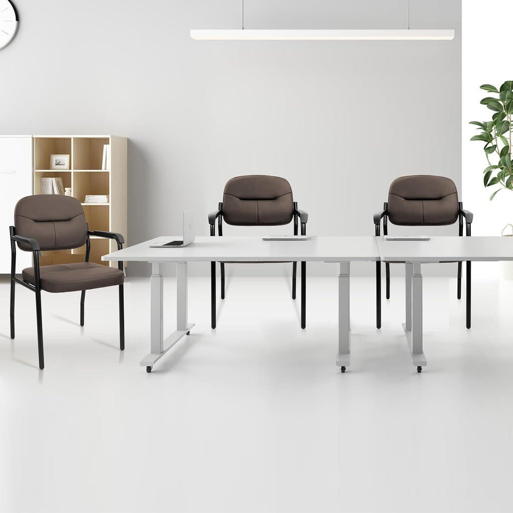 CLATINA Leathert Reception Chair No Wheels, Office Guest Chair with Padded Armrests and Lumber Support, Ergonomic Arm Chair for Meeting Waiting Conference Lobby Room Shool Study, Brown, 4PK