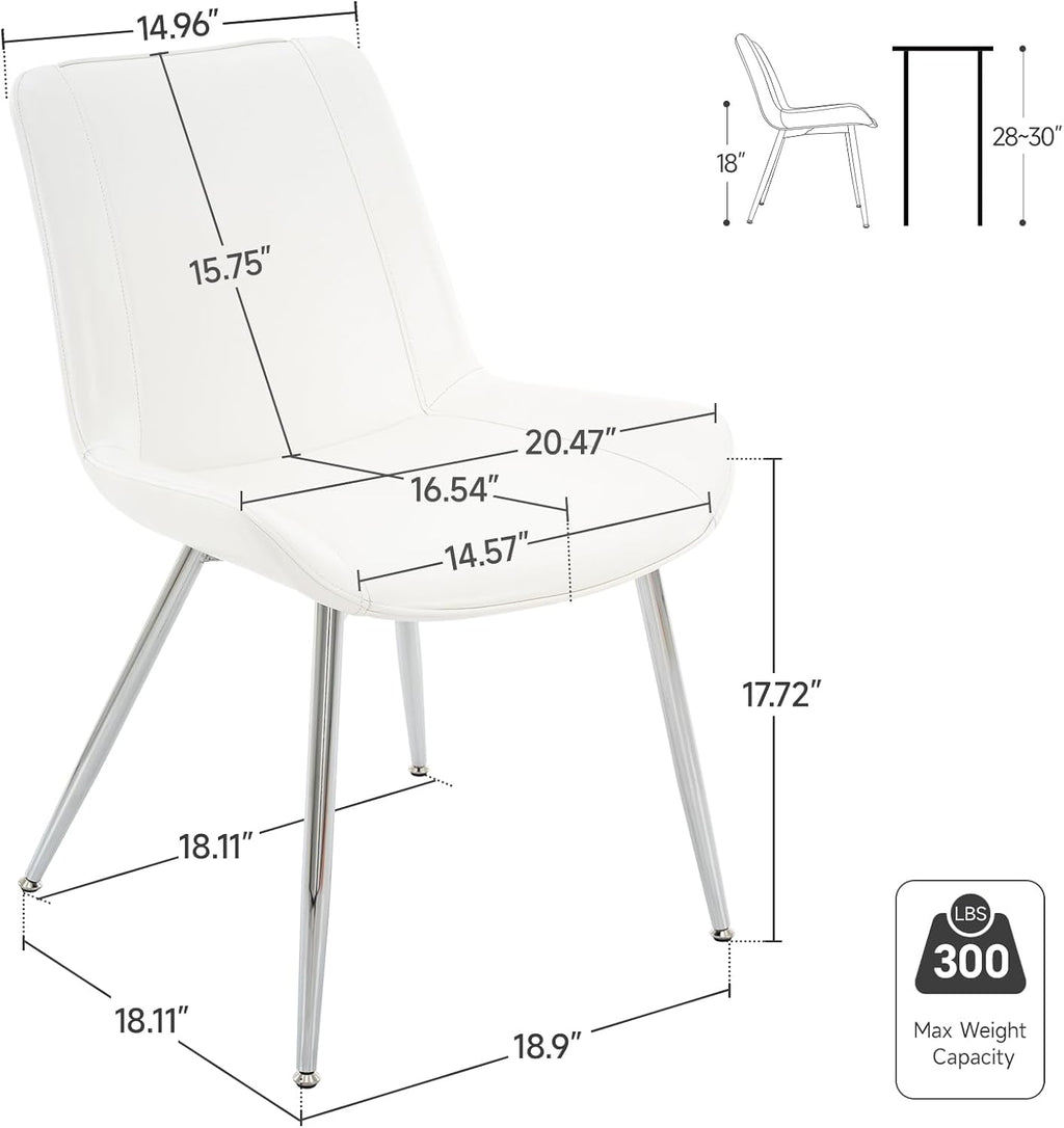 Brage Living Dining Chairs Set of 2, PU Leather Modern Armless Kitchen Dining Room Chairs, Upholstered Accent Side Chairs with Metal Legs (White with Silver Legs)