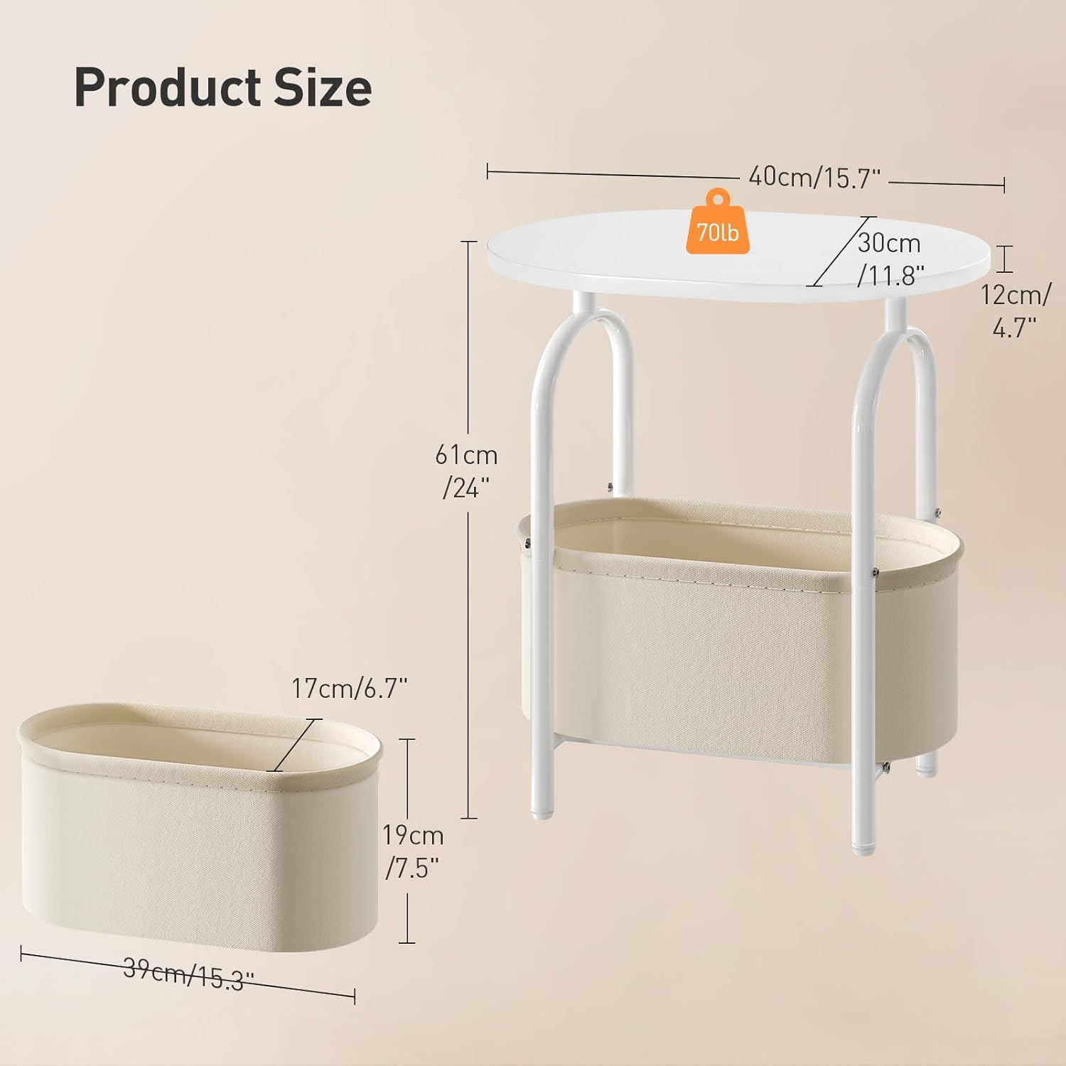 RALGEND Small Round Side Table with Fabric Basket Storage, Oval End Table for Small Spaces, Modern Coffee Bedside Table, Couch Side Table for Living Room, 15.7" X 11.8" X 24", White and Beige 8601BZWT