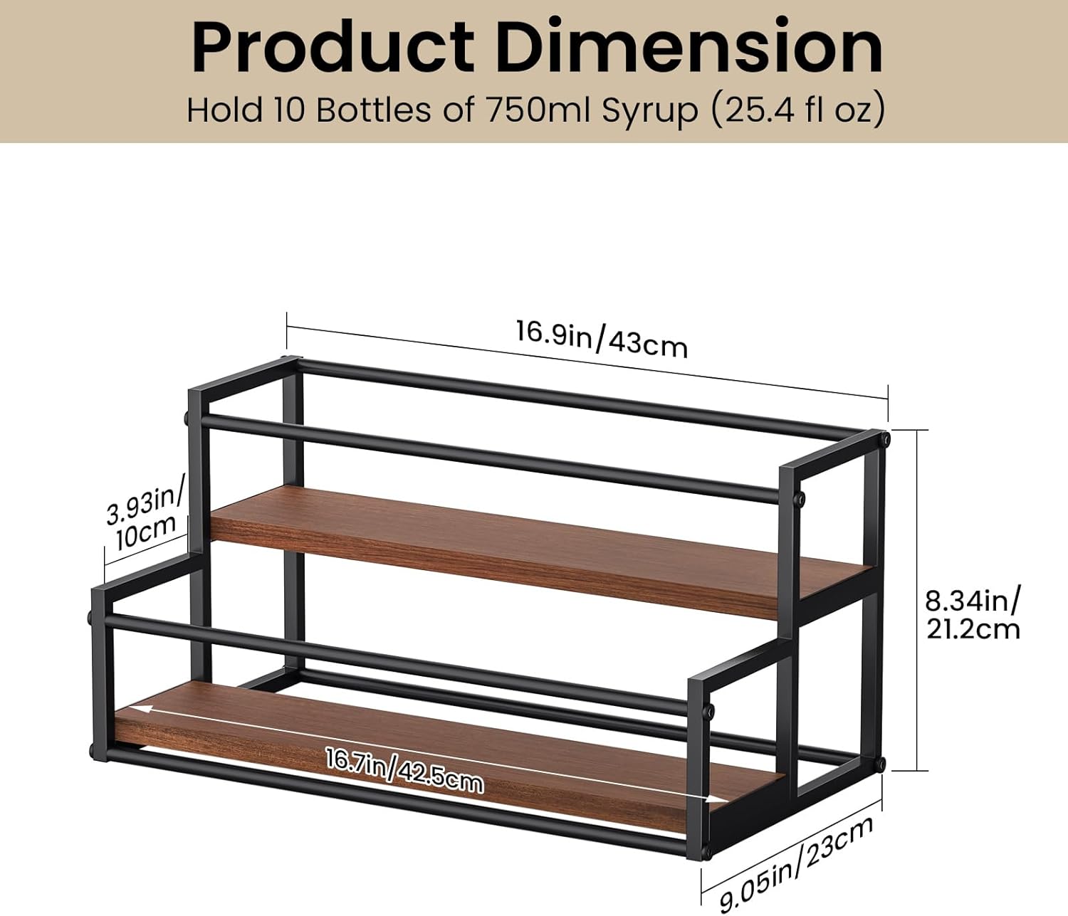 THYGIFTREE Coffee Syrup Rack Organizer 2-Tier 10 Syrup Bottles Holder Stand Metal with Wood Base for Coffee Bar Storage Shelves for Kitchen Countertop Matte Black