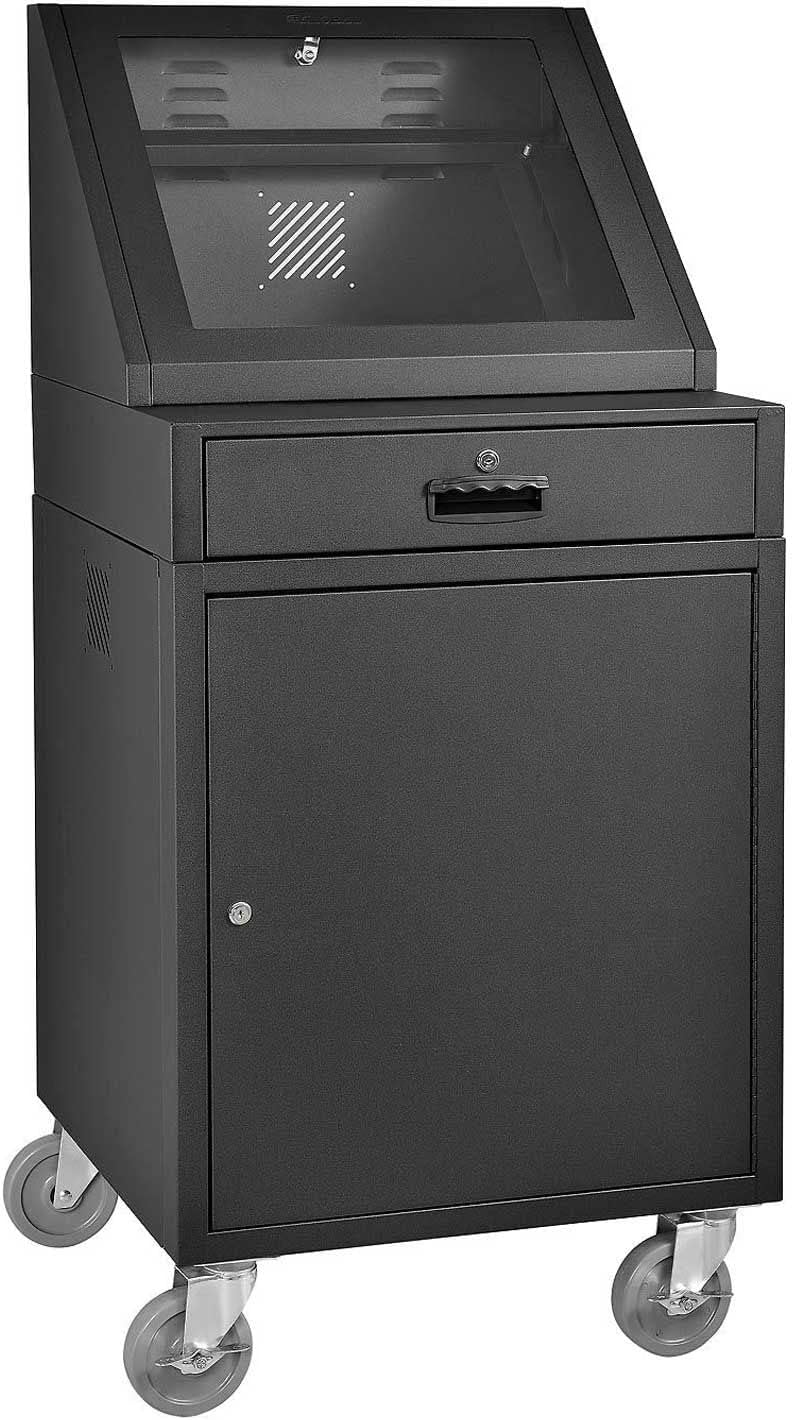 Global Industrial Mobile LCD Console Computer Cabinet for 21" Diagonal Monitors, Steel Construction, 24-1/2"W x 22-1/2"D x 55-1/2"H, Black Powder Coat Finish