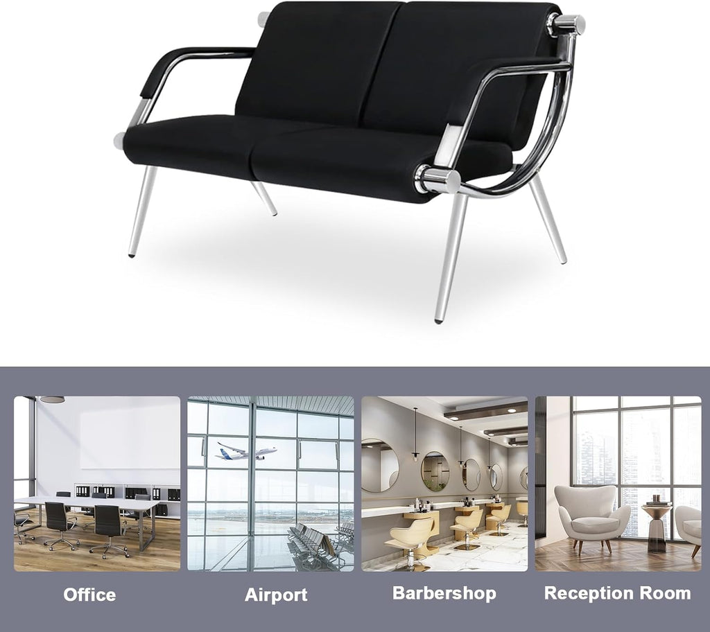 kinbor PU Leather Waiting Room Chairs - 2 Seat Guest Reception Seat Bench with Arms for Airport Hospital Office Salon, Black