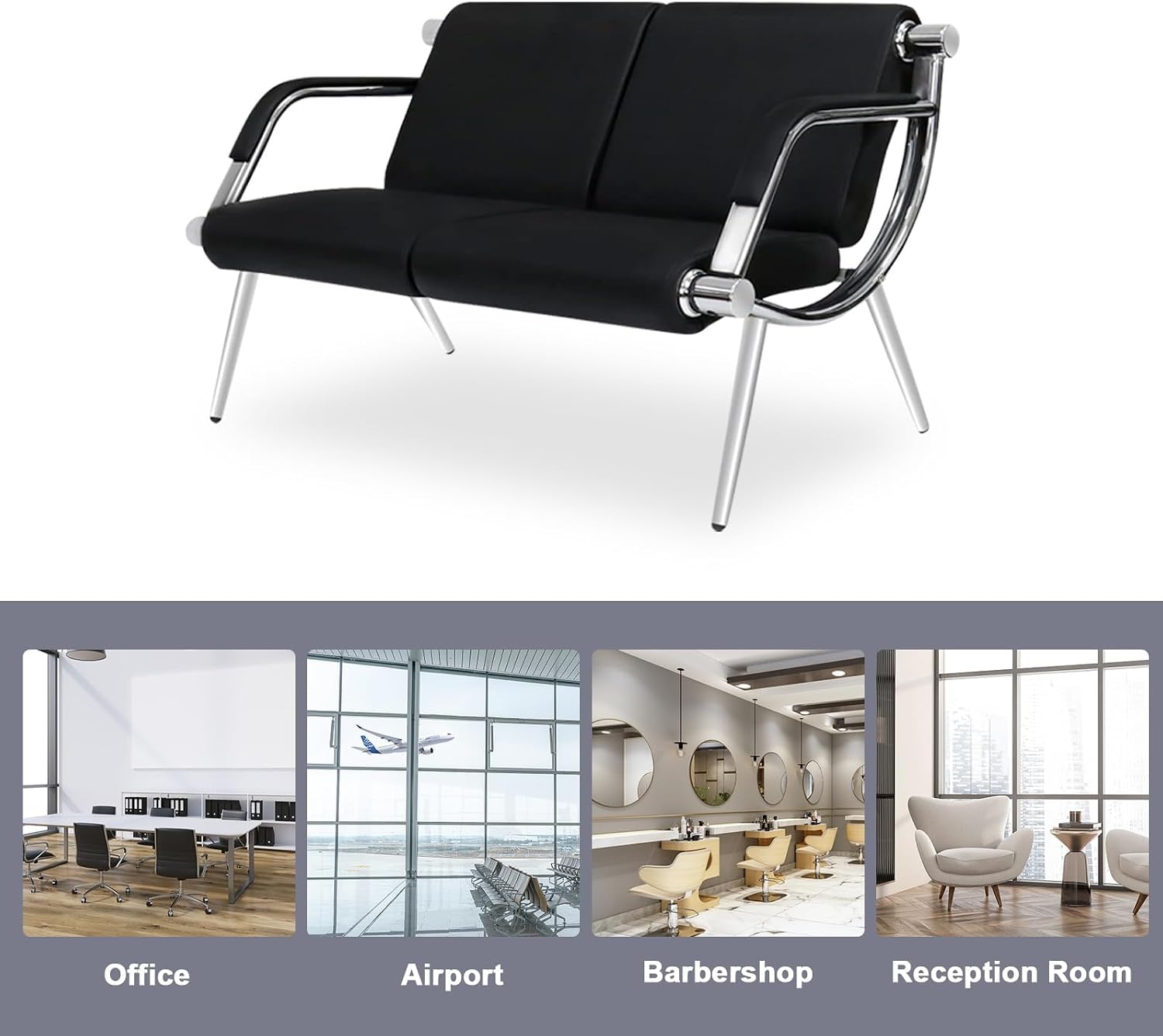 kinbor PU Leather Waiting Room Chairs - 2 Seat Guest Reception Seat Bench with Arms for Airport Hospital Office Salon, Black