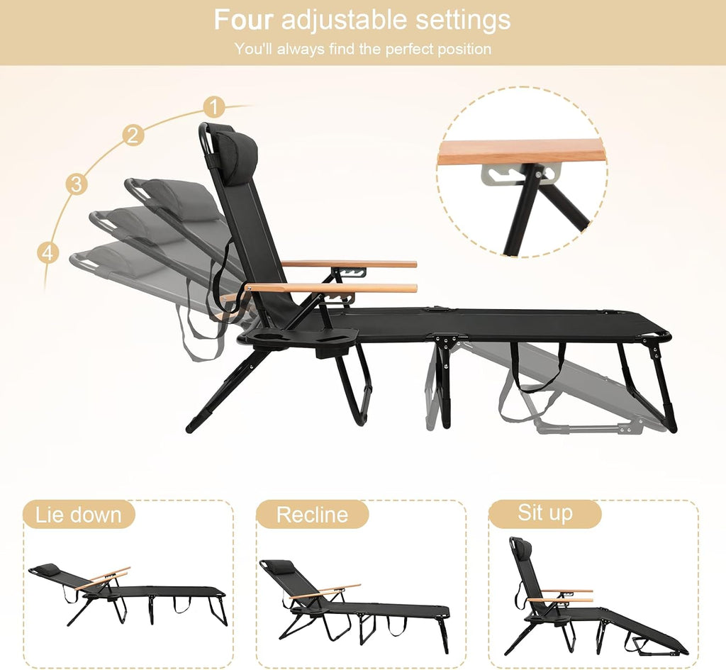 Foldable Lounge Chair, 4-Position Adjustable Outdoor Folding Lounge Chair with Cup Holders and Trays, Sunbathing Chair Portable with Removable Pillow, for Garden, Beach, Patio, Pool (Black)