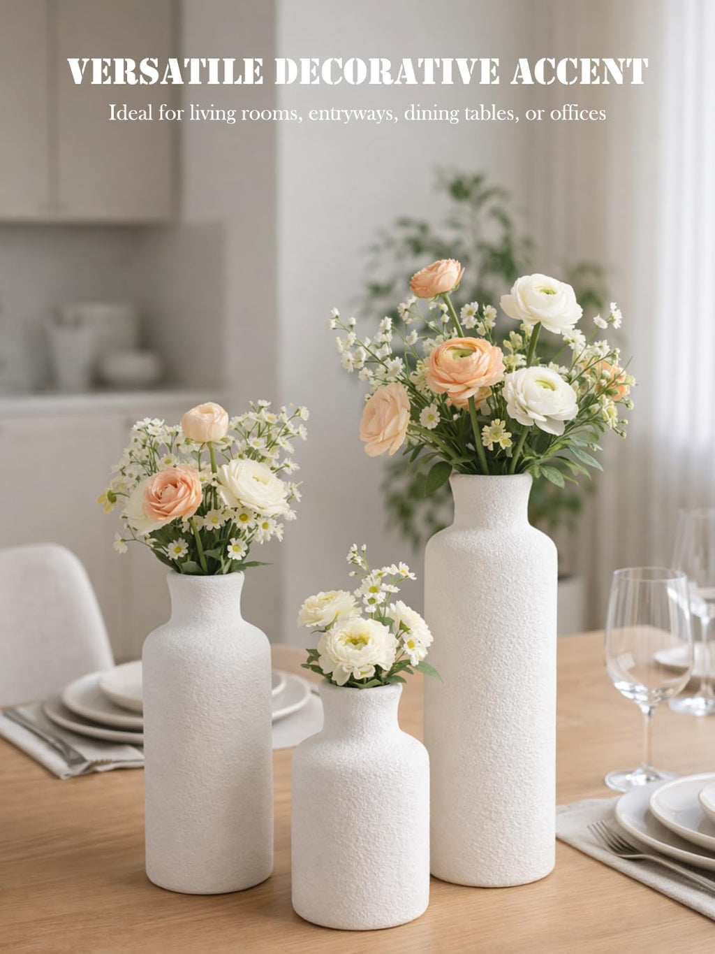 Ceramic Vase Set of 3 – Modern Minimalist White Vases with Matte Finish, Coordinated Tall Medium Short Decorative Vases for Home Decor