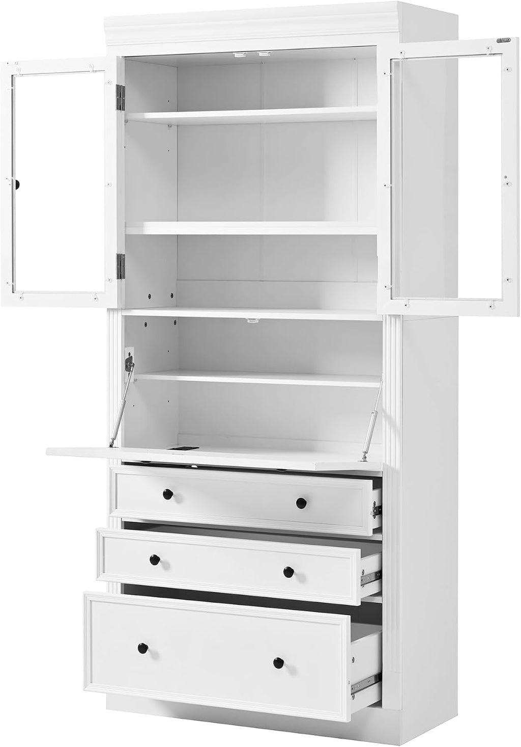 Merax Kitchen Pantry Cabinet, 78” White Wooden Pantries Storage Cabinet with Glass Doors and 2 Adjustable Shelves, Power Outlet Cupboard with Drop-Down Surface and 3 Drawers for Living Dining Room