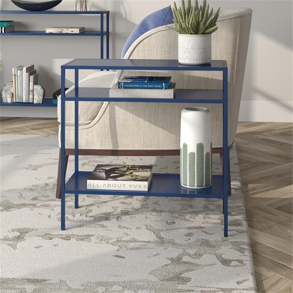 MAKLAINE Modern Metal Side Table, 24W x 10D x 24H, Handcrafted Steel Frame, Blue Finish, Compact Space-Saving Design, Industrial Contemporary Style for Living Room or Bedroom