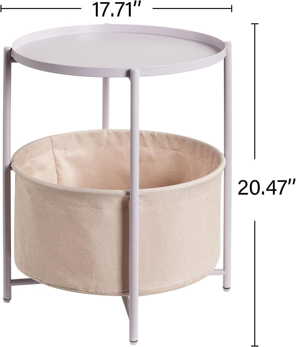 danpinera Round Side Table with Fabric Storage Basket, Small Coffee Table | Metal End Stand with Removable Serving Tray, Modern Nightstand for Small Space, Living Room, Bedroom, Nursery, Light Violet