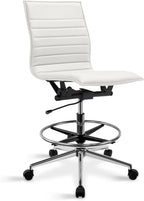 2xhome Modern Drafting Chair | Upholstered PU Leather Ribbed | Tall Adjustable Swivel Base with Leg Rest and Tilt Lock for Computer, Home, Executive, Conference (1, White, Armless)