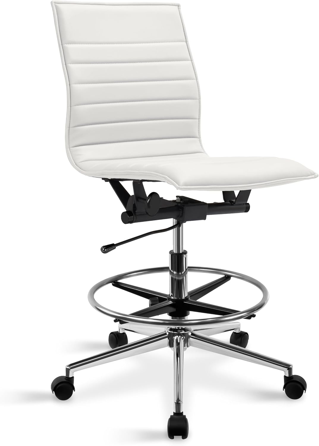 2xhome Modern Drafting Chair | Upholstered PU Leather Ribbed | Tall Adjustable Swivel Base with Leg Rest and Tilt Lock for Computer, Home, Executive, Conference (1, White, Armless)