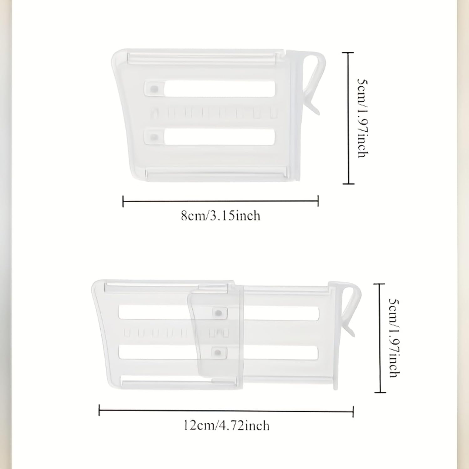 4 Pack Adjustable Refrigerator Drawer Dividers, Expandable Shelf Organizer Clips for Fridge Storage, Plastic Partition for Kitchen Drawer, Food Bag and Cheese Separator