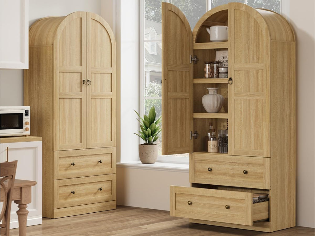 72" Arched Wooden Freestanding Kitchen Pantry Cabinet with Doors Drawers Adjustable Shelves Farmhouse Storage Cupboard for Dining Living Room