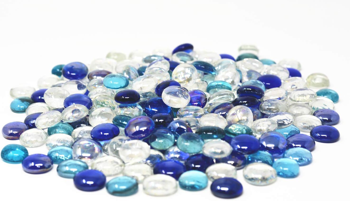 TSY TOOL 3 Lb (300PCS) Flat Glass Marbles Blue, Clear Mixed Color Glass Gems Pebbles Stones Marbles Vase Filler Accents and Crafting Aquarium Decor