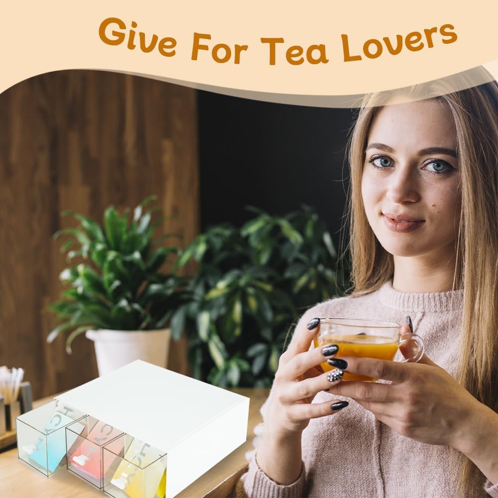 2 Pcs Plastic Tea Bag Organizer with 3 Drawers, Clear Lid Tea Bag Storage | White Tea Box with Label, Stackable Storage Drawers, Use for Sugar Sachets, Tea Bags, Coffee Storage