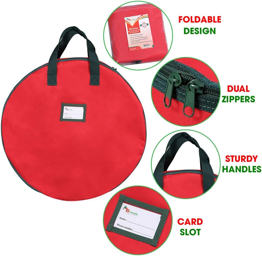 Christmas Wreath Storage Bag 30" - 2 Pack Artificial Wreath Container - Garland Holiday Xmas Wreaths Holder - Sturdy Handles - Card Slot Dual Zipper Strong 420D Oxford (30 Inch, Red)
