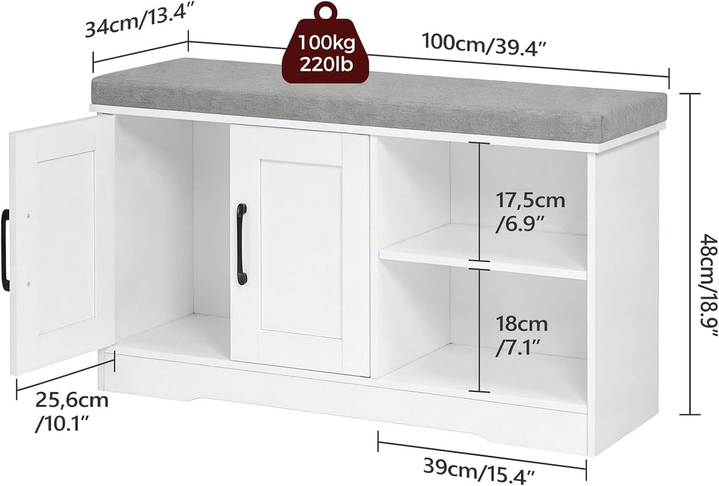 MAHANCRIS Storage Bench, 39.4" Wide Shoe Bench with Padded Seat Cushion, Entryway Bench with 2 Doors and Adjustable Shelf, End of Bed Bench, for Hallway, Bedroom, White and Gray BSWT1201
