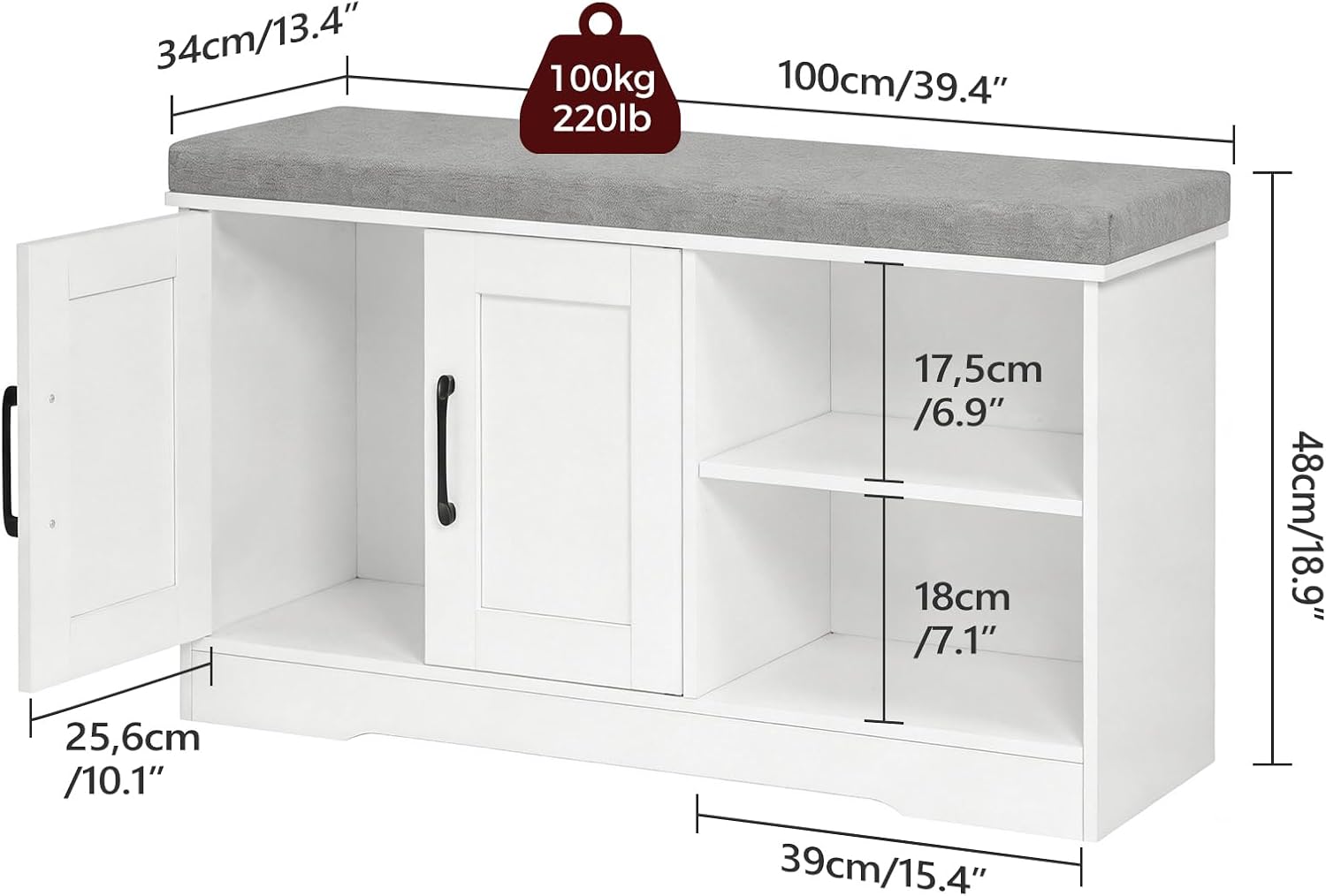 MAHANCRIS Storage Bench, 39.4" Wide Shoe Bench with Padded Seat Cushion, Entryway Bench with 2 Doors and Adjustable Shelf, End of Bed Bench, for Hallway, Bedroom, White and Gray BSWT1201