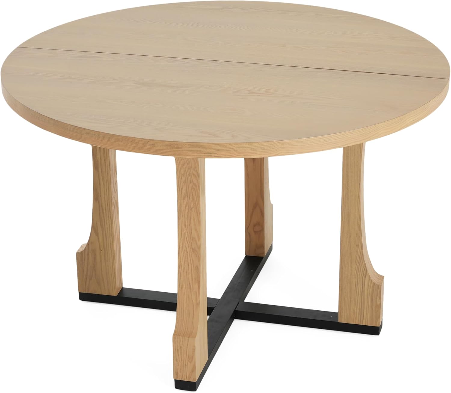 48" Small Round Dining Table with Wood Legs and Metal Cross Base, Natural Ash Solid Wood Kitchen Dinner Table for 2-4 Person, Easy Assembly, Without Chairs