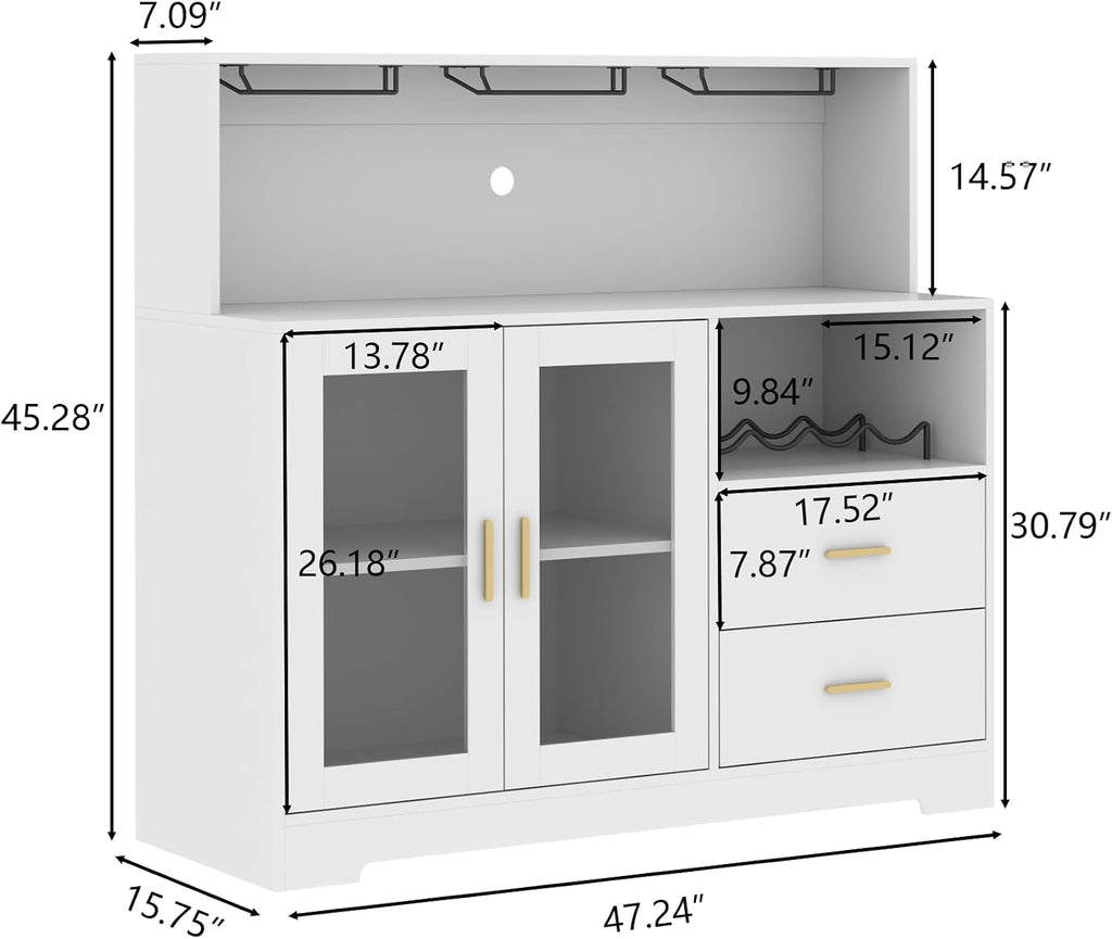 Bar Cabinet for Home with LED Light, Coffee Bar Cabinet with Wine & Glass Rack, Wine Cabinets with Storage Cabinet &Drawers, Modern Liquor Cabinets for Kitchen, Living Room, Dining Room (White)