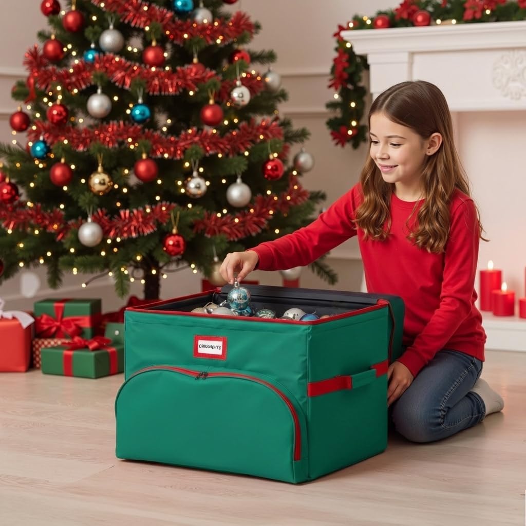 Christmas Nutcracker and Figurine Collectible Storage Box - Holds Up to 72 Ornaments 4” x 4” - Top Adjustable Compartments for Figurines, Nutcrackers, etc - Heavy Duty 600D/ Inside PVC Material, Green