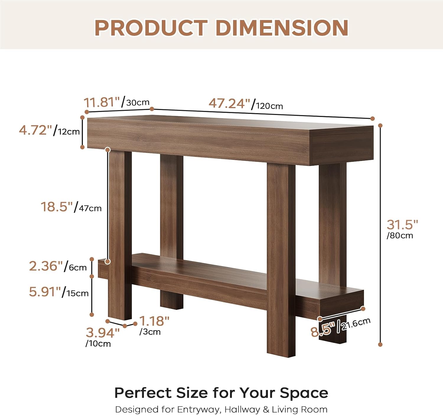 Console Table for Entryway, 47.2" Narrow Farmhouse Sofa Table with Thick Tabletop & Storage Shelf, 2-Tier Modern Wooden Entryway Industrial Table for Hallway, Living Room, Foyer, Behind Couch, Walnut