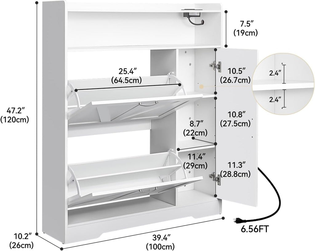 Artswish Narrow Shoe Cabinet with Flip Drawers & Power Outlet, Wooden Shoe Storage Cabinet with Side Cabinet & Adjustable Shelves, Shoe Rack with Drawers for Entryway, Hallway, White