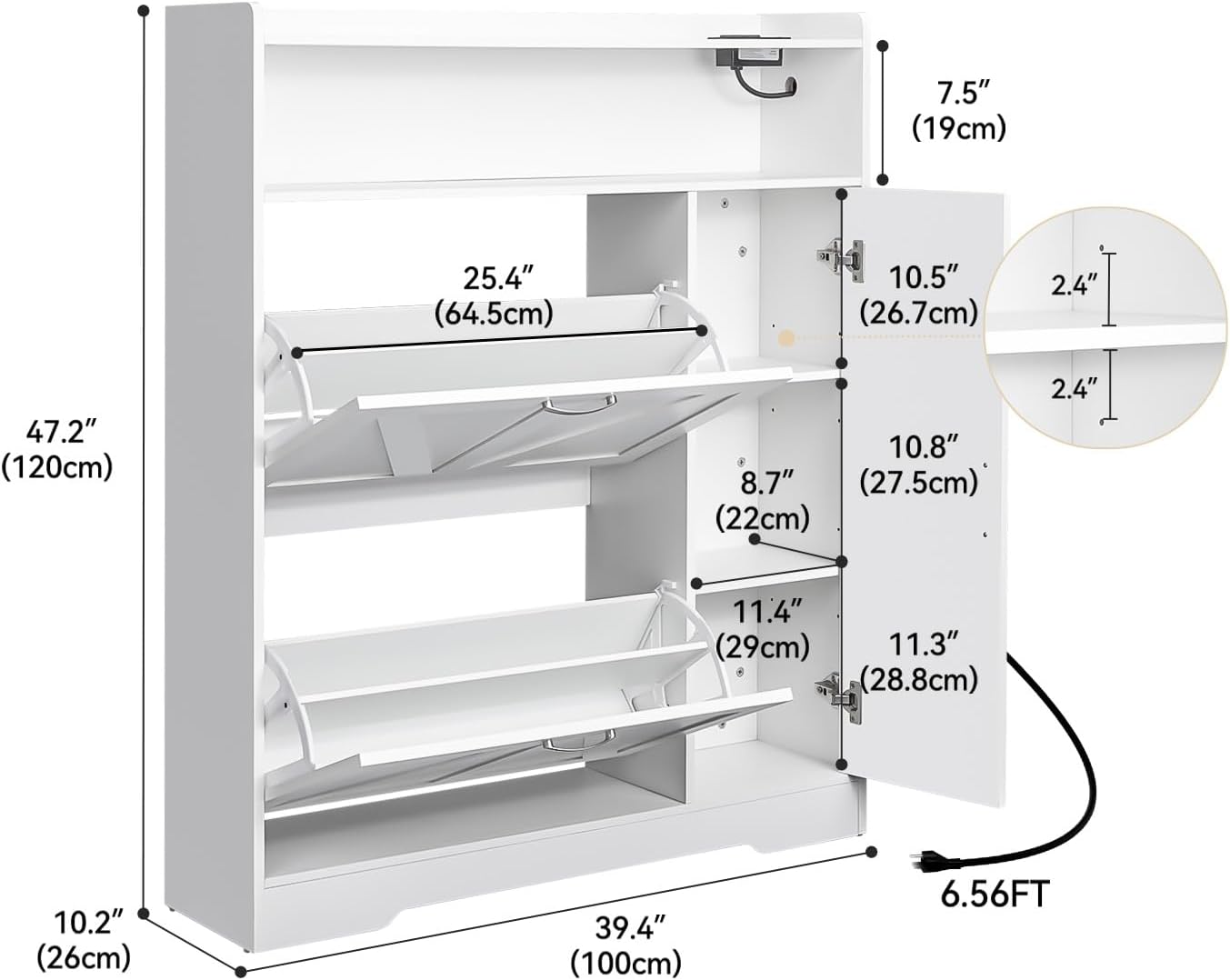 Artswish Narrow Shoe Cabinet with Flip Drawers & Power Outlet, Wooden Shoe Storage Cabinet with Side Cabinet & Adjustable Shelves, Shoe Rack with Drawers for Entryway, Hallway, White