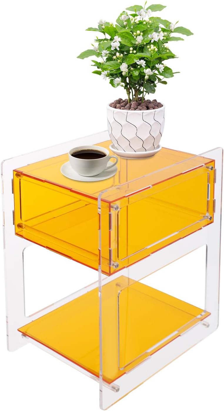Acrylic Side Table for Living Room, Acrylic Nightstand for Bedroom, Sturdy Coffee Table Accent Furniture for Home, Apartment, Teens & Adults (Orange)