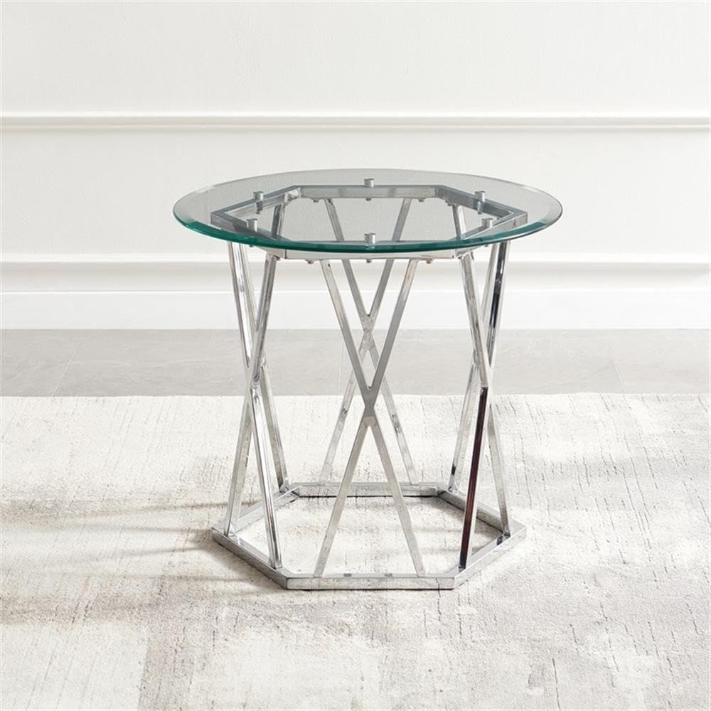 Pemberly Row Round Tempered Glass End Table, 26 in Width, Silver Chrome Finish, Iron Base with Hexagonal Design, Modern Accent Table for Living Room or Bedroom Use
