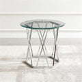 Pemberly Row Round Tempered Glass End Table, 26 in Width, Silver Chrome Finish, Iron Base with Hexagonal Design, Modern Accent Table for Living Room or Bedroom Use