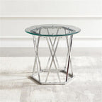 Pemberly Row Round Tempered Glass End Table, 26 in Width, Silver Chrome Finish, Iron Base with Hexagonal Design, Modern Accent Table for Living Room or Bedroom Use