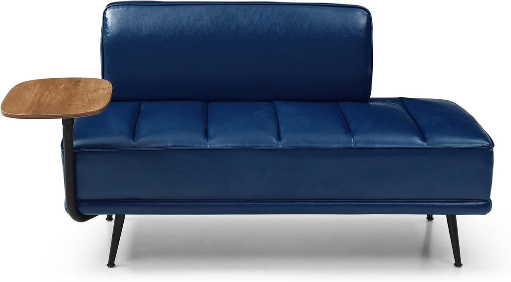 55" Modern Upholstered Bedroom Bench with Side Table - 360° Rotating Tray, PU Leather Cushion, Metal Legs for Living Room & Entryway (Blue)