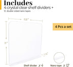 ROUFA 4Pcs Clear Acrylic Shelf Dividers, Adjustable Closet Organizer Fit for Any Thickness of Shelves, Multi-Purpose Wood Shelf Separators for Bedroom, Kitchen, Office, Bathroom, 11.8''x11''