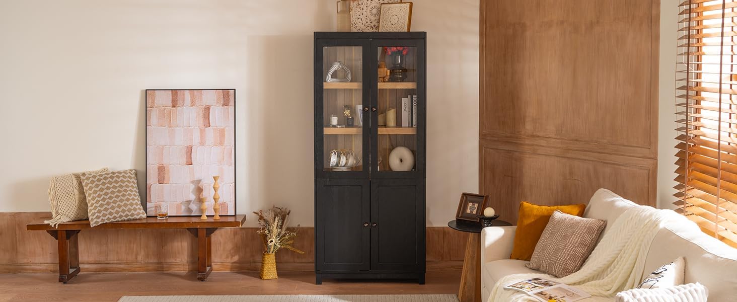 32.75" D*15.75" W*74.5" H Freestanding Kitchen Pantry with 4 Shelves, Top French Door & Lower Double Door, Rectangular Kitchen Pantry，for Living Room, Dining Room，Black