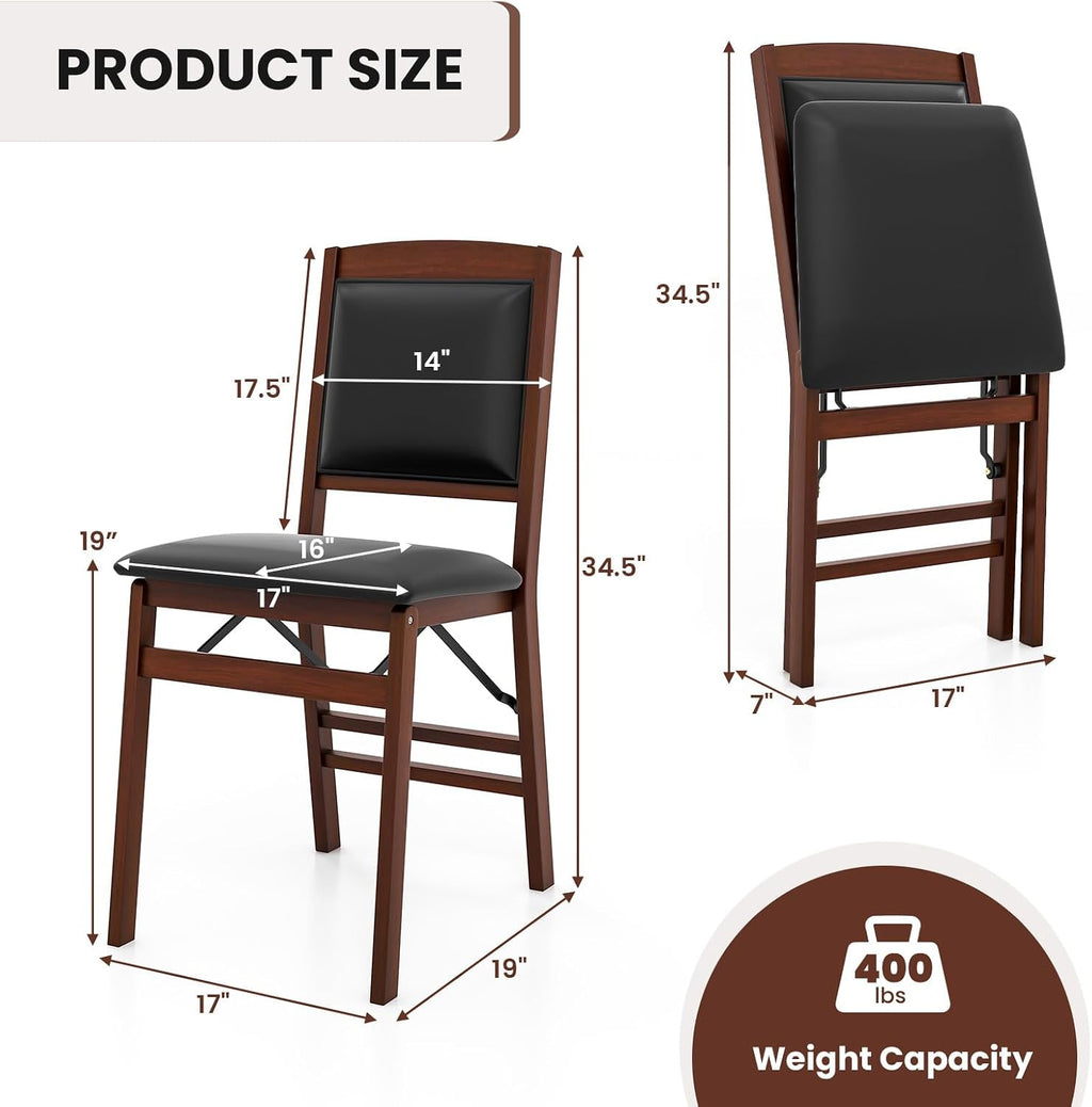 COSTWAY Solid Wood Folding Dining Chairs Set of 2 with Padded Seat, Brown | 400 LBS Load Bearing, No Assembly Needed, Upholstered PVC Leather Seat and Back, Vintage Foldable Chairs for Dining Room