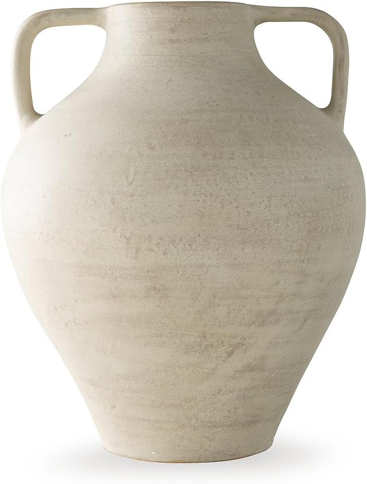 Signature Design by Ashley Justy Vase, Terra Cotta Decor with Antiqued Beige Finish for Faux or Dried Arrangements, Sculptural Accent for Tables or Shelves, 17" H
