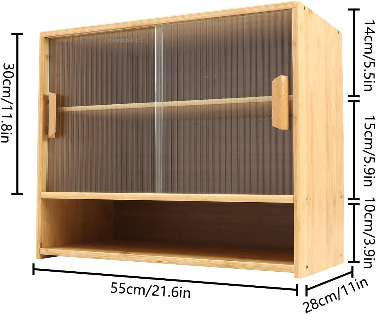Bamboo Kitchen Pantry Sideboard with Sliding Glass Doors, Freestanding Storage Cabinet with Adjustable Height, 3-Tier Utility Cupboard for Bottles and Dishes