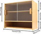 3 Tier Small Bamboo Pantry, Freestanding Dining Cupboard Kitchen Sideboard Countertop Storage Cabinet with 2 Sliding Striped Glass Doors for Spice Seasoning Bottles, Dish, Bowl (Log-Colored)