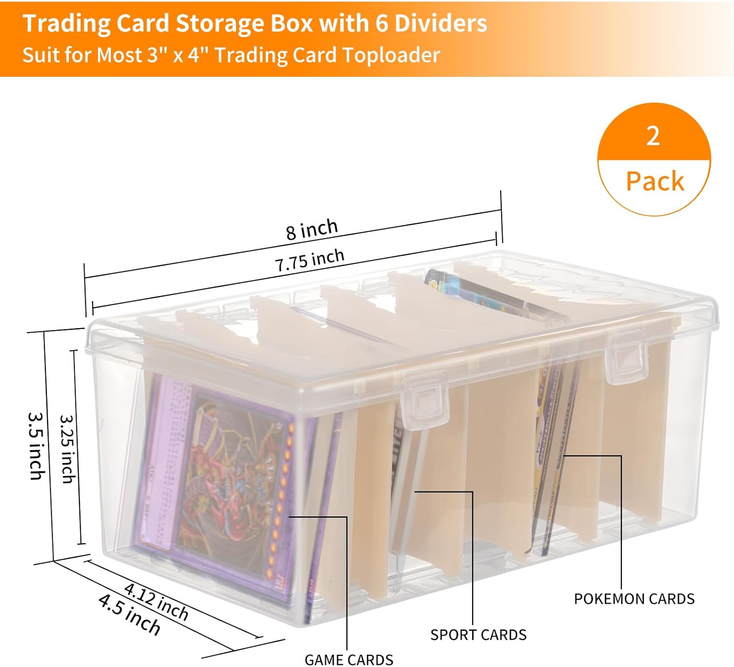 Trading Card Storage Box with 6 Dividers,Toploads Storage Box Plastic Baseball Card Storage Box for 500+ Sports Cards 100+ Top Loads for MTG Magic TCG Yugioh Playing Card Case Holder (2 Pack)