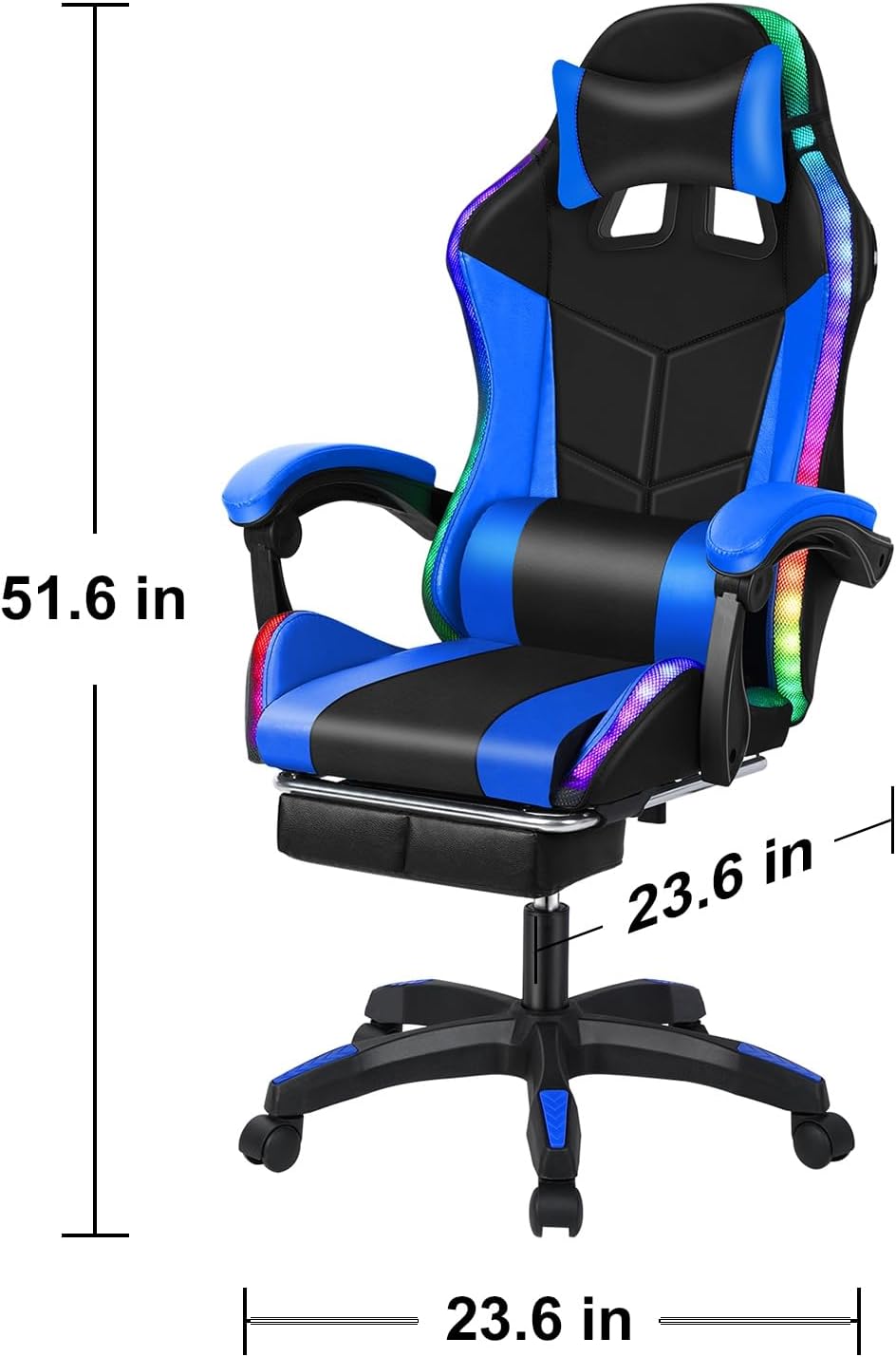 Gaming Chair, Computer Chair with Footrest and Lumbar Support, Height Adjustable Game Chair with 360° Swivel Seat and Headrest, High Back Office Chair with Bluetooth Speakers and LED Lights Blue
