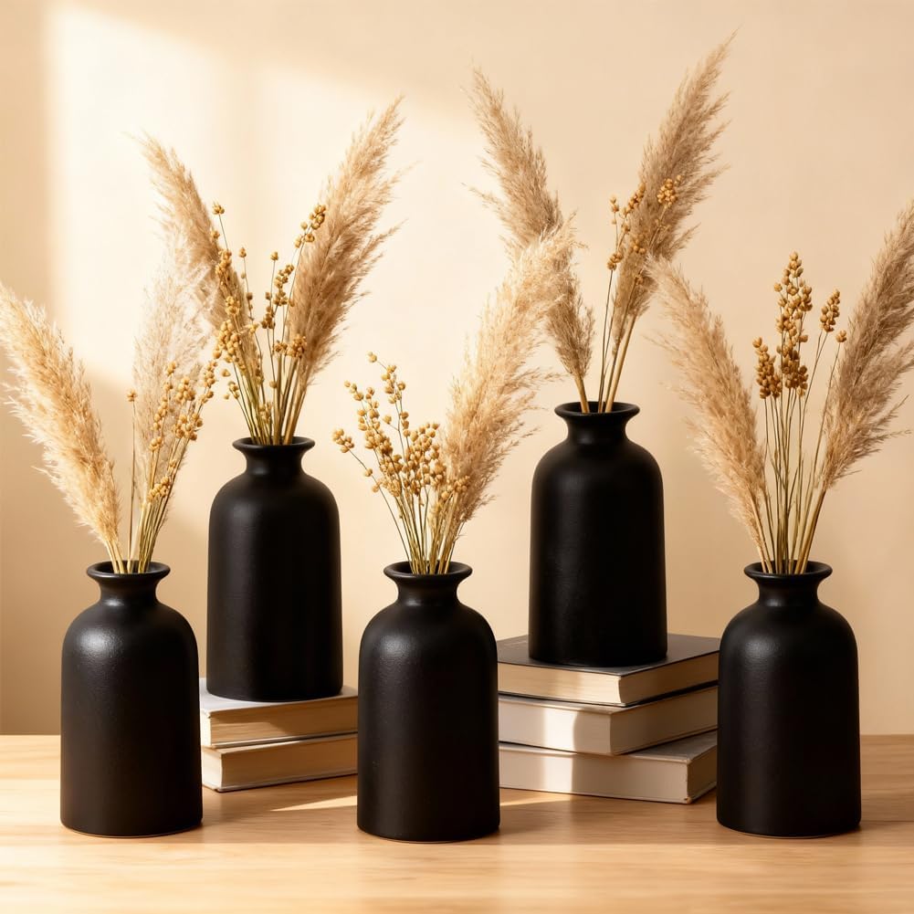 Black Ceramic Bud Vases Set of 6 – 5in Small Vases for Dry Flowers or House Plants, Modern Boho Decorative Vases for Wedding, Home, Table Centerpieces, Mantel or Office Decor