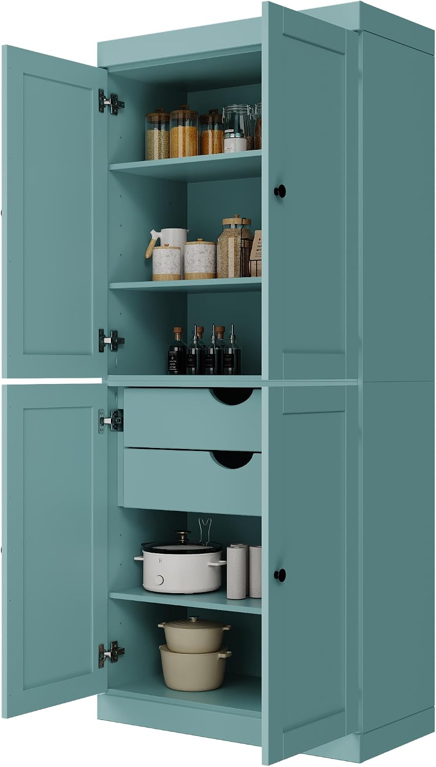 Palace Imports Solid Wood Kitchen Pantry Cabinet - 71.5" H x 32" W - Wooden Storage Cabinet w/ 4 Shaker Doors, 2 Drawers & 4 Adjustable Shelves, Aqua, 100% Renewable Eco-Friendly Wood, Made in Brazil