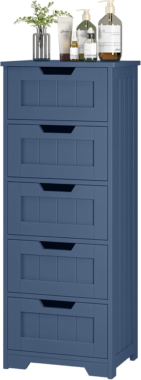 TTVIEW Bathroom Cabinet, Bathroom Storage Cabinet with 5 Drawers, Bathrooms Organizers and Storage, Bathrooms Floor Cabinets with Anti-Tipping Device for Hallway, Blue