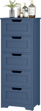 TTVIEW Bathroom Cabinet, Bathroom Storage Cabinet with 5 Drawers, Bathrooms Organizers and Storage, Bathrooms Floor Cabinets with Anti-Tipping Device for Hallway, Blue