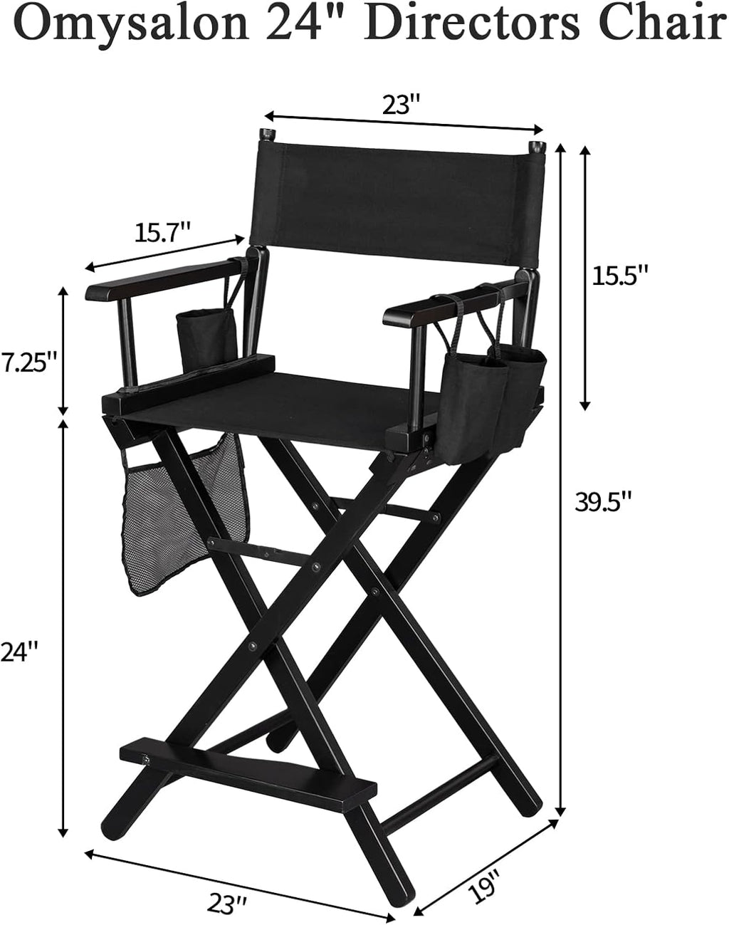 OmySalon 26" H Tall Directors Chair, Wooden Portable Folding Makeup Chair w/Storage Pouch & Footrest, Professional for Salon/Events/Mobile Services, 250lb Capacity, Black Canvas